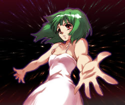 Rule 34 | 00s, 1girl, foreshortening, green hair, hisahiko, macross, macross frontier, outstretched arms, outstretched hand, ranka lee, red eyes, short hair, solo, spread arms