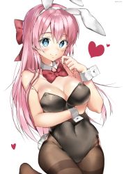 Rule 34 | 1girl, animal ears, bad id, bad pixiv id, bare shoulders, black leotard, blue eyes, blush, bow, bowtie, breasts, cleavage, closed mouth, collarbone, detached collar, fake animal ears, h shai, heart, leotard, looking at viewer, medium breasts, original, pantyhose, pink hair, playboy bunny, rabbit ears, simple background, smile, solo, white background, wrist cuffs