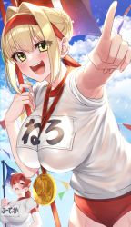 Rule 34 | 2girls, absurdres, ahoge, armpits, blonde hair, blue sky, blush, boudica (fate), braid, breasts, buruma, closed eyes, fate/extra, fate/grand order, fate (series), flag, french braid, green eyes, gym shirt, hair bun, hair intakes, hair ribbon, highres, large breasts, long hair, looking at viewer, medal, multiple girls, name tag, nero claudius (fate), nero claudius (fate) (all), nero claudius (fate/extra), nero claudius (olympian bloomers) (fate), official alternate costume, open mouth, pointing, pointing at viewer, red buruma, red hair, red ribbon, ribbon, shirt, short hair, short ponytail, short sleeves, single hair bun, sky, sleeves rolled up, smile, thighs, white shirt, yayoi maka