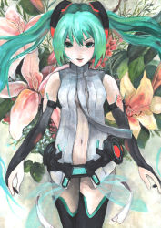 Rule 34 | 1girl, acrylic paint (medium), aqua eyes, aqua hair, bad id, bad pixiv id, belt, bridal gauntlets, elbow gloves, fingerless gloves, floating hair, floral background, flower, gloves, hatsune miku, hatsune miku (append), isegawa yasutaka, lily (flower), lips, long hair, looking at viewer, navel, open mouth, painting (medium), smile, solo, traditional media, very long hair, vocaloid, vocaloid append