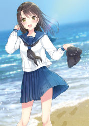 Rule 34 | 1girl, :d, beach, black footwear, black neckerchief, blue skirt, blurry, blush, brown eyes, brown hair, commentary request, day, depth of field, footprints, hand up, highres, holding, holding shoes, legs apart, long hair, long sleeves, looking at viewer, neckerchief, ocean, open mouth, original, outdoors, pleated skirt, school uniform, serafuku, shoes, unworn shoes, skirt, smile, solo, standing, ueno tomo