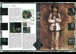 Rule 34 | 1990s (style), 1girl, abe yoshitoshi, book, brown eyes, brown hair, cyrillic, hair ornament, hairclip, highres, iwakura lain, non-web source, official art, retro artstyle, russian text, serial experiments lain