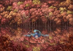Rule 34 | 1girl, autumn, autumn leaves, bird, blue eyes, blue hair, bubble, bush, commentary, fins, floating hair, forest, head fins, lake, looking at viewer, mermaid, monster girl, nagi (xx001122), nature, outdoors, partially submerged, reflection, scenery, solo, sunlight, swimming, tail, touhou, wakasagihime