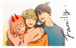 Rule 34 | 1girl, 2boys, arms around neck, black hair, blonde hair, blue shirt, chainsaw man, closed mouth, denji (chainsaw man), earrings, hair between eyes, happy, hayakawa aki, heads together, height difference, highres, holding another&#039;s head, horns, hug, jewelry, long hair, looking at viewer, multiple boys, nail polish, ohisama33ohayo3, open mouth, orange hair, orange shirt, pink sweater, power (chainsaw man), red horns, sharp teeth, shirt, short hair, simple background, sleeves past wrists, stud earrings, sweater, teeth, topknot, white background, yellow eyes