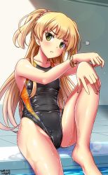 Rule 34 | 1girl, artist name, barefoot, black one-piece swimsuit, blonde hair, bracelet, commentary request, competition swimsuit, cowboy shot, dated, green eyes, hand on own knee, head tilt, highres, idolmaster, idolmaster cinderella girls, jewelry, jougasaki rika, long hair, looking at viewer, one-piece swimsuit, pout, sitting, solo, swimsuit, tsuchimiya, two side up, wet, wet clothes, wet swimsuit