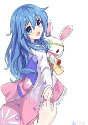 Rule 34 | 1girl, blue eyes, blue hair, blush, commentary request, date a live, eyepatch, floral print, hair between eyes, hand puppet, happy, holding hands, japanese clothes, kimono, long hair, looking at viewer, md5 mismatch, obi, open mouth, pov, pov hands, puppet, resolution mismatch, sash, solo, solo focus, source larger, stuffed animal, stuffed rabbit, stuffed toy, white background, yoshino (date a live), yoshinon
