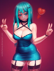 Rule 34 | 1girl, absurdres, aqua hair, bare shoulders, blue dress, breasts, cleavage, criss-cross halter, dress, garter straps, hair ornament, hairclip, halterneck, highres, hip focus, large breasts, light smile, long hair, looking at viewer, mole, mole on breast, nikita varb, original, polka dot, polka dot legwear, red background, smile, solo, thick eyebrows, thighhighs, thighs, v, watermark, web address, x hair ornament