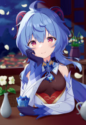 Rule 34 | ahoge, bare shoulders, bell, black gloves, blue hair, blush, breasts, cup, detached sleeves, flower, ganyu (genshin impact), genshin impact, gloves, gold trim, hand on own cheek, hand on own face, highres, horns, long hair, looking at viewer, medium breasts, meifu (meowmere), multicolored eyes, neck bell, night, petals, purple eyes, qingxin flower, sidelocks, smile, solo, upper body, vase, white flower, white sleeves