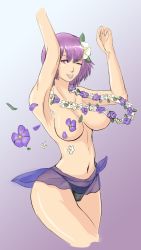 Rule 34 | 1girl, armpits, arms up, ayane (doa), bikini, bikini bottom only, black bikini, breasts, breasts apart, cameltoe, convenient censoring, cowboy shot, cropped legs, dancing, dead or alive, drawfag, flower, flower necklace, gradient background, hair flower, hair ornament, highres, jewelry, large breasts, lei, navel, necklace, one eye closed, purple hair, red eyes, sarong, see-through, short hair, smile, solo, swimsuit, topless, unaligned breasts