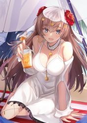 Rule 34 | 1girl, alternate costume, bare shoulders, beach, beach umbrella, breasts, brown hair, cleavage, commentary request, commission, cup, dress, earrings, fate/grand order, fate (series), flower, grey eyes, hair between eyes, hair flower, hair ornament, highres, holding, holding cup, hoop earrings, jewelry, long hair, looking at viewer, mata hari (fate), medium breasts, neko daruma, open mouth, red flower, red rose, rose, sand, sitting, skeb commission, smile, solo, umbrella, veil, white dress