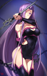 Rule 34 | 1girl, arm behind back, bare shoulders, black thighhighs, breasts, chain, cleavage, cleavage cutout, clothing cutout, covered navel, detached sleeves, dress, fate/grand order, fate/stay night, fate (series), heart cutout, highres, hip vent, holding, holding weapon, large breasts, long hair, looking at viewer, medusa (fate), medusa (rider) (fate), medusa (rider) (third ascension) (fate), microdress, nameless dagger (fate), purple eyes, purple hair, revealing clothes, solo, square pupils, thighhighs, very long hair, weapon, yd (orange maru)