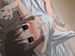 Rule 34 | 1girl, after rape, aftersex, bed, bed sheet, blood, blush, breasts, brown eyes, brown hair, defloration, feet, flat chest, glasses, jitome, long hair, looking at viewer, minakami mai, naked sheet, nichijou, nipples, pussy, saliva, socks, solo, tears, toku sonchou