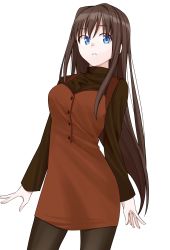 Rule 34 | 1girl, absurdres, aozaki aoko, black pantyhose, blue eyes, brown hair, brown sweater, buttons, commentary request, dress, hair intakes, highres, long hair, long sleeves, looking away, looking to the side, mahou tsukai no yoru, pantyhose, red dress, sasaki33916, simple background, solo, sweater, turtleneck, turtleneck sweater, white background