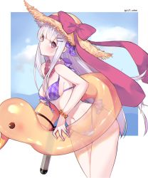 Rule 34 | 1girl, azur lane, bare shoulders, bikini, blue sky, blunt bangs, blush, bow, bracelet, breasts, cloud, cowboy shot, cygnet (azur lane), cygnet (sea star on shore) (azur lane), day, flower, flower bracelet, flower necklace, from side, front-tie bikini top, front-tie top, hair ornament, hairclip, hat, hat bow, innertube, jewelry, leaning forward, lei, long hair, looking at viewer, looking to the side, medium breasts, mimelond, necklace, outdoors, outside border, pink bow, plaid, plaid bikini, purple eyes, sideboob, sidelocks, silver hair, sky, solo, standing, straight hair, straw hat, swim ring, swimsuit, thighs, torpedo, transparent, very long hair