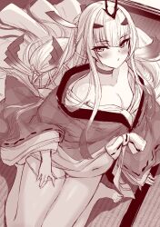 Rule 34 | 1girl, bare shoulders, barefoot, breasts, choker, collarbone, fate/grand order, fate (series), forked eyebrows, greyscale, hair ornament, highres, japanese clothes, kimono, layered clothes, layered kimono, long hair, looking at viewer, m-da s-tarou, melusine (dream portrait) (fate), melusine (fate), monochrome, navel, obi, off shoulder, official alternate costume, panties, sash, sitting, small breasts, solo, underwear, very long hair, wariza, wide sleeves