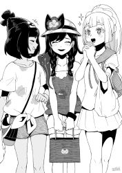 Rule 34 | + +, 3girls, artist name, backpack, bag, beanie, braid, closed eyes, creatures (company), crown braid, dark-skinned female, dark skin, flower, game freak, greyscale, grin, handbag, hat, hat flower, holding, holding bag, lillie (pokemon), long hair, lower teeth only, monochrome, multiple girls, nintendo, notori d, open mouth, own hands clasped, own hands together, paper bag, pokemon, pokemon sm, pokemon usum, ponytail, print shirt, selene (pokemon), shirt, short hair, short sleeves, shorts, simple background, skirt, smile, sparkle, sun hat, tank top, teeth, tied shirt, twin braids, upper teeth only, white background