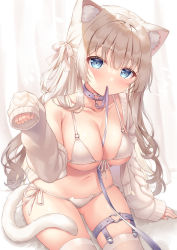 Rule 34 | 1girl, absurdres, animal ears, bare shoulders, between breasts, bikini, blue eyes, breasts, brown hair, cat ear bikini, cat ears, cat girl, cat tail, cleavage, collarbone, front-tie bikini top, front-tie top, gluteal fold, hand up, highres, jacket, large breasts, leash, long hair, looking at viewer, mouth hold, navel, o-ring, o-ring bikini, off shoulder, open clothes, open jacket, original, shiono (0303), side-tie bikini bottom, simple background, sitting, sleeves past fingers, sleeves past wrists, solo, stomach, string bikini, swimsuit, tail, thigh strap, thighhighs, thighs, very long hair, white background, white bikini, white jacket, white thighhighs