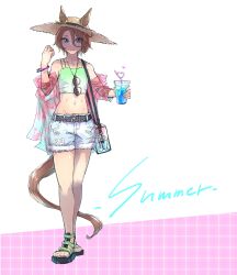 Rule 34 | 1girl, alternate costume, animal ears, bag, bare shoulders, belt, blue eyes, blue shorts, bracelet, brown hair, closed mouth, crazy straw, cup, disposable cup, drinking straw, ears through headwear, english text, flat chest, full body, groin, hair between eyes, hat, heart, heart straw, highres, holding, holding cup, horse ears, horse girl, horse tail, jacket, jewelry, looking at viewer, midriff, narita taishin (umamusume), natsunori, navel, necklace, off shoulder, ring, ring necklace, sandals, see-through, see-through jacket, shirt, short hair, shorts, shoulder bag, sleeveless, sleeveless shirt, smile, solo, standing, straw hat, sunglasses, tail, toes, torn clothes, torn shorts, transparent bag, umamusume