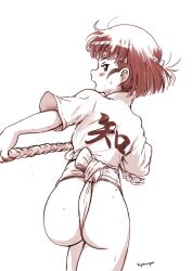 Rule 34 | 1girl, ass, blush, from behind, fundoshi, girls und panzer, hiyama yuu (wee259hiyama), japanese clothes, looking at viewer, looking back, monochrome, nishihara yasoko, open mouth, short hair, signature, simple background, solo, sweat, white background