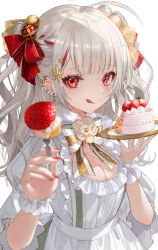 Rule 34 | 1girl, barbell piercing, blush, breasts, cake, cake slice, cleavage, cleavage cutout, clothing cutout, dress, ear piercing, food, fork, frilled dress, frills, grey hair, hair ornament, hair ribbon, highres, holding, holding cake, holding food, holding fork, industrial piercing, large breasts, long hair, looking at viewer, making-of available, nail polish, neck ribbon, nima (niru54), original, piercing, red eyes, ribbon, simple background, smile, solo, strawberry cake, tongue, tongue out, upper body, white background, white dress, wrist cuffs
