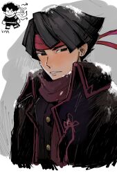 Rule 34 | 1boy, ace attorney, black coat, black eyes, black hair, black jacket, coat, headband, jacket, kazuma asogi, looking at viewer, male focus, open mouth, red headband, red scarf, scarf, short hair, snow, solo, the great ace attorney, upper body, wahootarou