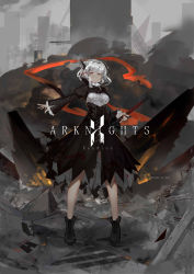 Rule 34 | 1girl, absurdres, arknights, artist name, ascot, black dress, black footwear, blood, blood on face, boots, commentary request, corset, dress, english text, frilled shirt, frills, full body, highres, holding, holding sword, holding weapon, horns, long sleeves, looking at viewer, pink eyes, puffy long sleeves, puffy sleeves, reunion logo (arknights), ruins, shirt, short hair, sidelocks, smoke, solo, standing, sword, talulah (arknights), weapon, white hair, xiaoxiao
