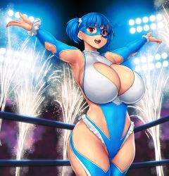 Rule 34 | 1girl, absurdres, armpits, arms up, blue hair, blue leotard, blue mask, breasts, cleavage, cleavage cutout, clothing cutout, cosplay, covered navel, cowboy shot, erkaz, eye mask, fireworks, highres, huge breasts, leotard, looking at viewer, open mouth, original, rainbow mika, rainbow mika (cosplay), red eyes, rina atherina, shadow, short hair, smile, solo, street fighter, twintails, wrestling mask, wrestling outfit