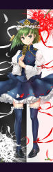 Rule 34 | 1girl, ankle ribbon, arm ribbon, black background, black footwear, blouse, blue hat, blue skirt, blue thighhighs, blue vest, epaulettes, flower, frilled hat, frills, full body, green eyes, green hair, hat, highres, holding, juliet sleeves, leg ribbon, letterboxed, loafers, long sleeves, looking at viewer, petticoat, puffy sleeves, red flower, red ribbon, ribbon, rod of remorse, shiki eiki, shironeko yuuki, shirt, shoes, short hair, skirt, solo, standing, thighhighs, touhou, two-tone background, vest, white background, white flower, white ribbon, white shirt, wide sleeves, zettai ryouiki