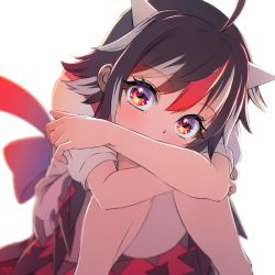 Rule 34 | 1girl, ahoge, black hair, blurry, blush, covered mouth, crossed arms, depth of field, dress, feet out of frame, head tilt, horns, kijin seija, knees together feet apart, looking at viewer, multicolored hair, red eyes, shiroi karasu, short hair, short sleeves, simple background, sitting, solo, streaked hair, touhou, white background, white hair