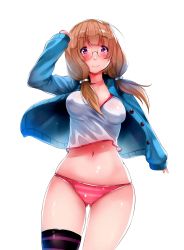 Rule 34 | 1girl, absurdres, belly, blonde hair, breasts, denizen tomo, glasses, highleg, highres, looking at viewer, original, panties, pink panties, purple eyes, self-upload, solo, striped clothes, striped panties, striped thighhighs, sweater, tank top, thighhighs, underwear, white background