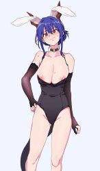 Rule 34 | 1girl, animal ears, arknights, arm at side, bare shoulders, black choker, black leotard, blue hair, blush, breasts, brown gloves, ch&#039;en (arknights), choker, cleavage, closed mouth, collarbone, covered navel, dragon horns, elbow gloves, fake animal ears, feet out of frame, fingerless gloves, gloves, hand on own hip, head tilt, higata akatsuki, highres, horns, large breasts, leotard, looking at viewer, nipple slip, nipples, rabbit ears, red eyes, short hair, solo, standing, sweat