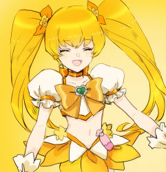 Rule 34 | 1girl, blonde hair, bow, brooch, choker, closed eyes, cowboy shot, crop top, cure sunshine, facing viewer, flower, gradient background, hair bow, hair flower, hair ornament, heart, heart brooch, heartcatch precure!, highres, jewelry, long hair, magical girl, midriff, myoudouin itsuki, navel, nekozuka (duka nkdk), open mouth, orange background, orange bow, orange choker, orange skirt, precure, puffy sleeves, ribbon choker, simple background, skirt, smile, solo, standing, twintails, wrist cuffs, yellow background, yellow theme