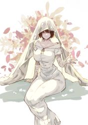 Rule 34 | 1girl, absurdres, bandaged arm, bandages, breasts, brown hair, collarbone, commentary request, dress, closed eyes, girls&#039; frontline, highres, large breasts, machlian (girls&#039; frontline), petals, scuro, sitting, smile, solo, torn clothes, torn dress, veil, white dress