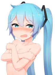 Rule 34 | 1girl, abmayo, blush, breasts, collarbone, covering privates, covering breasts, crossed arms, hair ornament, hatsune miku, highres, looking at viewer, nude, open mouth, simple background, small breasts, solo, twintails, upper body, vocaloid, white background