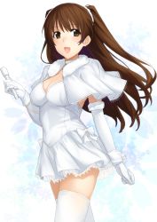 Rule 34 | 1000000000, 10s, 1girl, :d, blush, bow, breasts, brown eyes, brown hair, capelet, choker, cleavage, clenched hand, dress, elbow gloves, female focus, gloves, gradient background, holding, holding microphone, legs, long hair, looking at viewer, microphone, ogiso setsuna, open mouth, smile, solo, standing, strapless, strapless dress, thighhighs, two side up, white album (series), white album 2, white dress, white gloves, white thighhighs