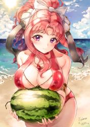 Rule 34 | 1girl, akino (princess connect!), akino (summer) (princess connect!), armband, bare shoulders, beach, between breasts, bikini, bow, breast press, breasts, chain, closed mouth, cloud, collarbone, curly hair, food, fruit, gem, hair bow, hair ornament, highres, holding, holding food, jewelry, large breasts, necklace, nipples, ocean, off shoulder, one-piece swimsuit, parted bangs, princess connect!, purple eyes, red bikini, red hair, red one-piece swimsuit, sand, see-through, sky, solo, standing, sun, swimsuit, thighs, vangee, water, watermelon, waves
