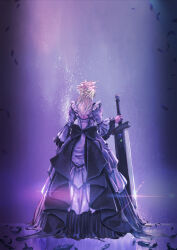 1boy back_bow black_feathers blonde_hair bow buster_sword cloud_strife cloud_strife_(ball_gown) crossdressing dress facing_away falling_feathers feathers final_fantasy final_fantasy_vii final_fantasy_vii_remake frilled_dress frills full_body highres holding holding_sword holding_weapon huge_weapon long_dress long_hair long_sleeves male_focus materia official_alternate_costume purple_dress saki_(hxaxcxk) solo sparkle spiked_hair sword wavy_hair weapon