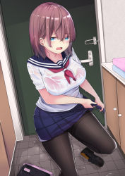 Rule 34 | 1girl, black footwear, black pantyhose, blue eyes, blue sailor collar, blue skirt, bra, bra visible through clothes, breasts, brown hair, collarbone, commentary request, door, hair between eyes, indoors, large breasts, loafers, looking at viewer, minato yu, neckerchief, open mouth, original, pantyhose, pleated skirt, red bra, red neckerchief, sailor collar, school uniform, see-through, serafuku, shirt, shoes, unworn shoes, short sleeves, skirt, solo, standing, standing on one leg, thighband pantyhose, towel, underwear, wet, wet clothes, wet shirt, wet skirt, white shirt, wringing clothes, wringing skirt