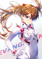 Rule 34 | 1girl, artist request, blue eyes, blush, bodysuit, breasts, brown hair, covered navel, cowboy shot, evangelion: 3.0+1.0 thrice upon a time, eyepatch, floating hair, gloves, hair ornament, hand on own hip, highres, long hair, looking at viewer, medium breasts, neon genesis evangelion, one eye covered, plugsuit, rebuild of evangelion, shiny clothes, shiny skin, skin tight, solo, souryuu asuka langley, two side up, very long hair, white bodysuit, white gloves, wide-eyed