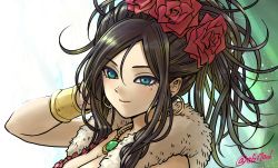 Rule 34 | 1girl, aqua eyes, black hair, breasts, cleavage, close-up, closed mouth, deborah (dq5), dragon quest, dragon quest v, earrings, ebiten (ebi10d), flower, hair flower, hair ornament, highres, hoop earrings, jewelry, mole, mole under eye, necklace, pendant, ponytail, red flower, red rose, rose, smile, solo, twitter username