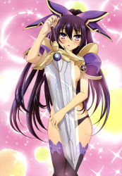 Rule 34 | 10s, 1girl, :o, absurdres, armor, black hair, blush, date a live, habe takashi, highres, long hair, non-web source, nyantype, official art, panties, purple eyes, scan, see-through, solo, sword, thighhighs, topless, underwear, very long hair, weapon, yatogami tooka
