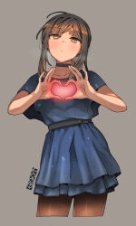 Rule 34 | 1girl, artist logo, artist name, black choker, black pantyhose, blue dress, blush, brown hair, choker, closed mouth, collarbone, commentary, cowboy shot, cropped legs, dress, ergot, fubuki (kancolle), green eyes, grey background, heart, heart hands, highres, kantai collection, looking at viewer, pantyhose, revision, short hair, short ponytail, short sleeves, simple background, solo, symbol-only commentary, wedding dress