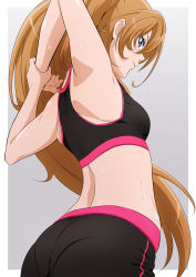 Rule 34 | 1girl, armpits, arms up, ass, black shorts, black sports bra, blue eyes, border, brown hair, from behind, fuchi (nightmare), highres, houjou hibiki, long hair, looking at viewer, looking back, outside border, pantylines, precure, shorts, solo, sports bra, stretching, suite precure, sweat, white border