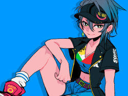 Rule 34 | 1girl, aimf, belt, black shirt, blue background, blue hair, blue shorts, crop top, earrings, jewelry, knee up, midriff, navel, open clothes, open shirt, original, shadow, shirt, shoes, short hair, short sleeves, shorts, simple background, smile, socks, solo