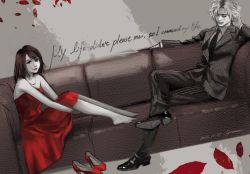 Rule 34 | 1boy, 1girl, bare arms, barefoot, breasts, brown hair, closed eyes, couch, couple, crossed legs, dress, dress shoes, english text, falling leaves, final fantasy, final fantasy x, formal, full body, grey background, grey hair, hand in own hair, high heels, highres, hugging own legs, jewelry, leaf, limited palette, lipstick, looking at viewer, makeup, medium breasts, medium hair, necklace, necktie, nexeee, pants, parted bangs, pinstripe jacket, pinstripe pants, pinstripe pattern, pinstripe suit, red dress, red footwear, shirt, shoes, unworn shoes, short hair, sitting, strapless, strapless dress, striped, suit, tidus, yuna (ff10)