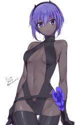 Rule 34 | 1girl, 2016, :d, bare shoulders, belt, belt skirt, black gloves, black leotard, black thighhighs, breasts, center opening, cleavage, colored eyelashes, cowboy shot, dark-skinned female, dark skin, dated, fate/grand order, fate/prototype, fate/prototype: fragments of blue and silver, fate (series), floral print, flower, gloves, groin, hair between eyes, hairband, halterneck, happy, hassan of serenity (fate), highleg, highleg leotard, highres, konbu wakame, leotard, looking at viewer, medium breasts, navel, open mouth, purple eyes, purple hair, short hair, simple background, sketch, smile, solo, standing, thigh gap, thighhighs, turtleneck, twitter username, white background
