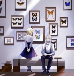 Rule 34 | 1boy, 1girl, absurdres, albedo (genshin impact), arms behind back, ascot, bench, black butterfly, black footwear, black pants, black pantyhose, blonde hair, blue butterfly, blue eyes, blue skirt, book, book stack, bug, butterfly, bzsaro01, commentary, english commentary, flower, formal, framed insect, full body, genshin impact, hair flower, hair ornament, high heels, highres, holding, holding book, indoors, insect, long sleeves, looking at another, looking down, lumine (genshin impact), museum, orange butterfly, pants, pantyhose, picture frame, pinned, reading, shirt, short hair, short hair with long locks, sitting, skirt, suspenders, symbol-only commentary, too many, too many butterflies, twitter username, white ascot, white butterfly, white flower, white shirt, yellow butterfly, yellow eyes