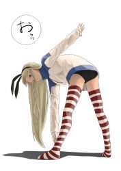 Rule 34 | 10s, 1girl, :o, adapted costume, arm up, black panties, blonde hair, blue eyes, buruma, enoshito, hairband, jersey, kantai collection, leaning forward, long hair, long sleeves, looking at viewer, panties, shimakaze (kancolle), solo, striped clothes, striped thighhighs, thighhighs, underwear, zipper