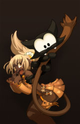 Rule 34 | 1girl, :o, animal, bare shoulders, biting, black background, blush, bow meow (wakfu), cat, clubs, dark-skinned female, dark skin, detached sleeves, diamond (shape), gem (symbol), ecaflip, fangs, foreshortening, from side, hand to own mouth, heart, looking at another, looking at viewer, open mouth, pet, pointy ears, ponytail, simple background, skirt, solo, spade, standing, tail, tail grab, teeth, wakfu, white hair, xaxaxa