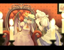 Rule 34 | 2girls, alcohol, apron, ascot, bat wings, blue dress, blue hair, blurry, bow, braid, candle, cup, dress, drinking glass, elbow gloves, fangs, gloves, grin, hair bow, hair ornament, hat, hat ribbon, izayoi sakuya, letterboxed, looking to the side, maid headdress, mob cap, multiple girls, pink dress, profile, puffy sleeves, red eyes, remilia scarlet, ribbon, rirenza, short hair, short sleeves, silver hair, sitting, smile, squatting, throne, touhou, twin braids, waist apron, whispering, white gloves, wine, wine glass, wings